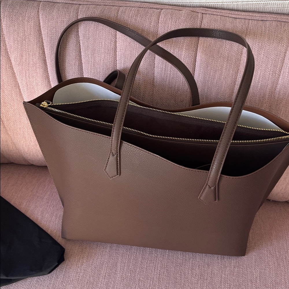 Quince triple compartment leather tote dark brown